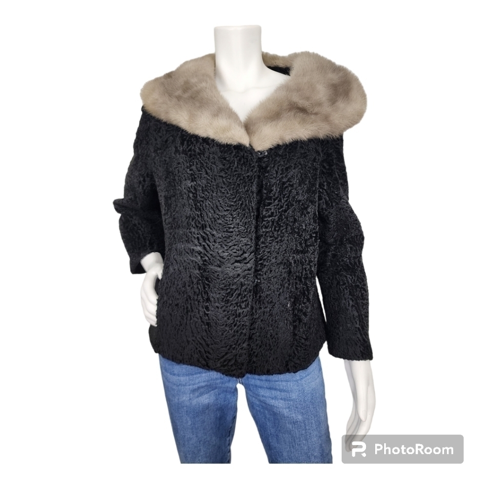 Vintage Persian Lamb Mobwife Black W/ Gray Mink Collar Jacket Size L/XL